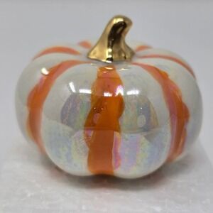 Nora Fleming Mini Pearlized Pumpkin Gourd Orange White Striped Gold Stem Retired